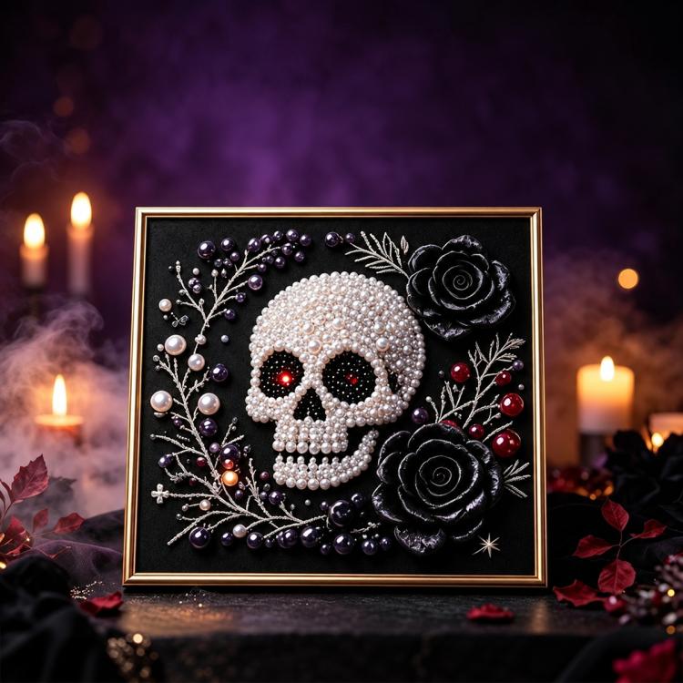 Framed diamond painting kit with a white skull face surrounded by roses and red berries