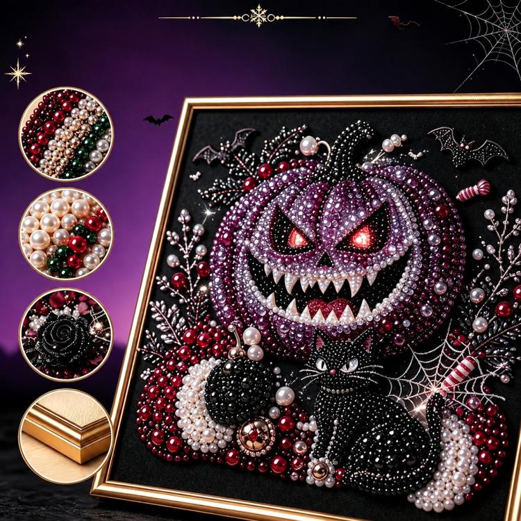 Framed diamond painting kit with a jack-o-lantern grin, black cat, and hanging spiderweb