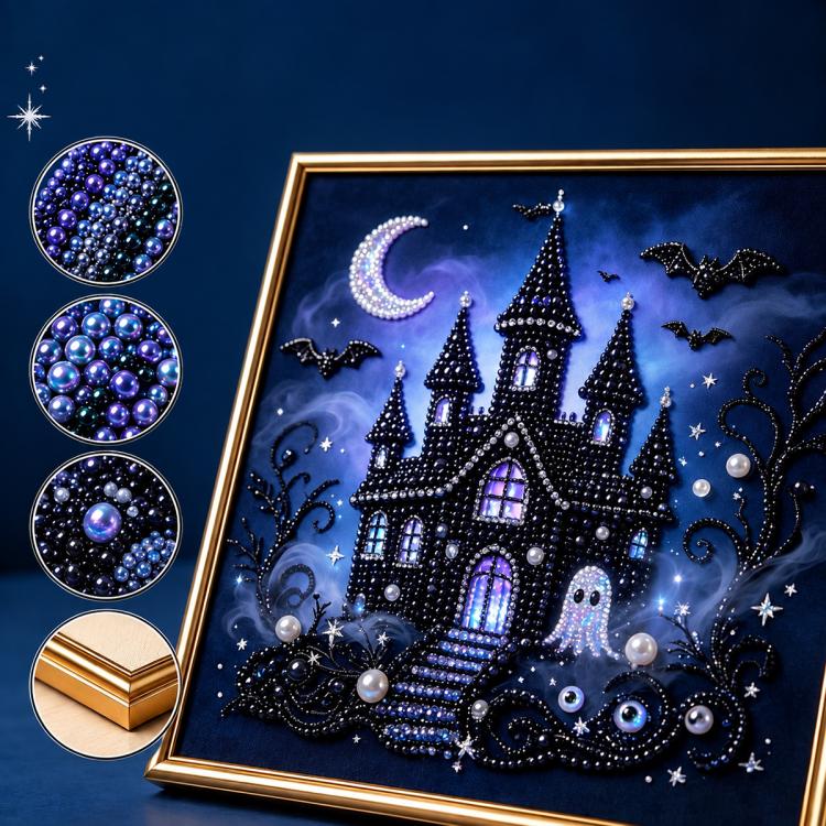 Framed diamond painting kit with night castle skyline, moon, and bats in dark blue