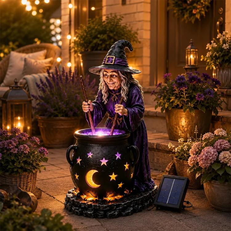 Solar witch cauldron stake light: glowing purple cauldron with witch figure and star shapes