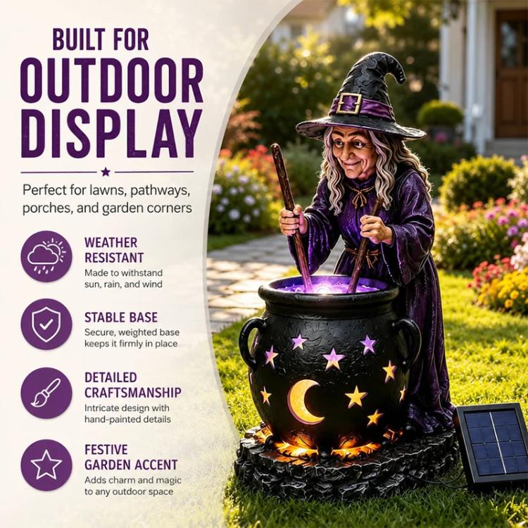 Solar witch cauldron stake light with witch figurine, glowing cauldron, and solar panel