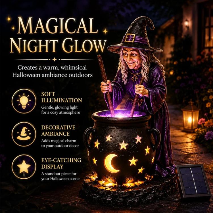 Solar witch cauldron stake light with witch figurine and glowing night-sky cauldron