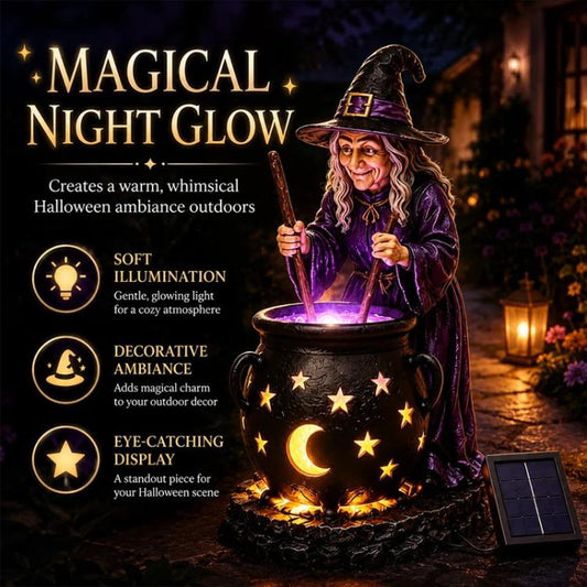 Solar witch cauldron stake light with witch figurine and glowing night-sky cauldron