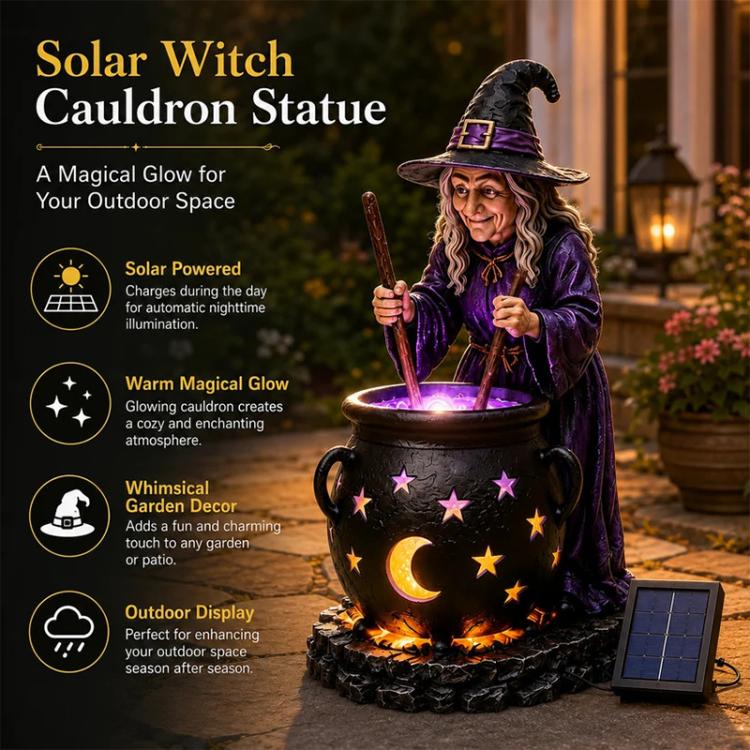 Solar witch cauldron statue stake light with glowing star and moon cauldron, solar panel