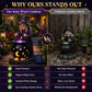 Solar witch cauldron stake light with glowing cauldron, witch wand, and solar panel