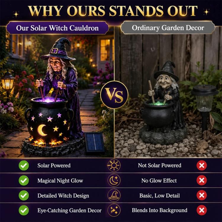 Solar witch cauldron stake light with glowing cauldron, witch wand, and solar panel