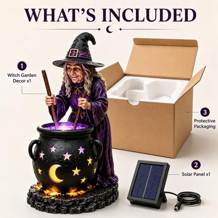 Solar witch cauldron stake light set with witch figure, glowing cauldron, solar panel, and box