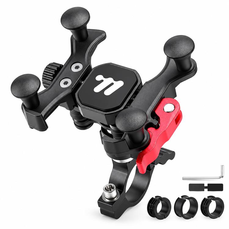 Shockproof bike phone mount with four adjustable rubber grips and clamping arm, black/red.
