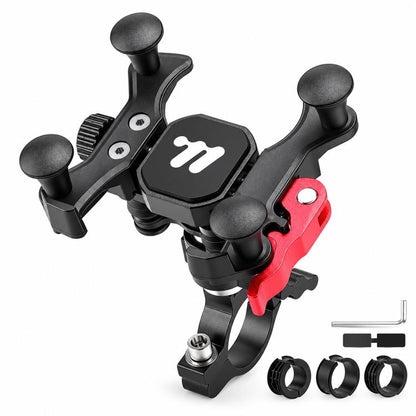Shockproof bike phone mount with four adjustable rubber grips and clamping arm, black/red.