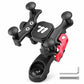 Bike phone mount with four-point clamp and black housing, red accent bracket, angled view.