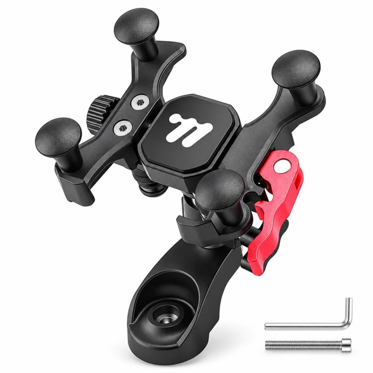 Bike phone mount with four-point clamp and black housing, red accent bracket, angled view.