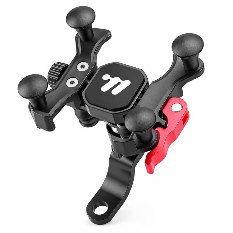 Handlebar bike phone mount with shockproof grips and phone platform, black with red latch.