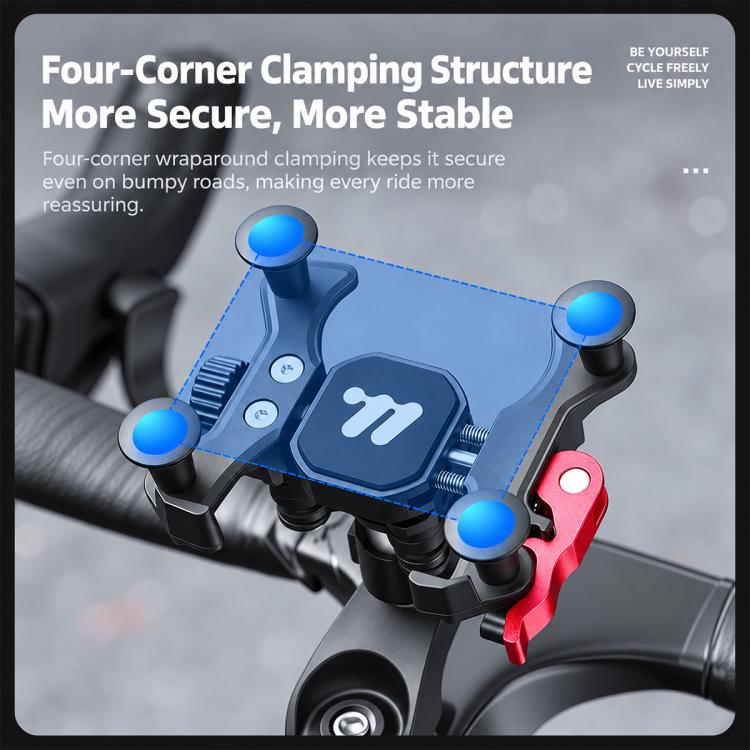 Shockproof bike phone mount featuring four-corner clamping structure around the phone holder.
