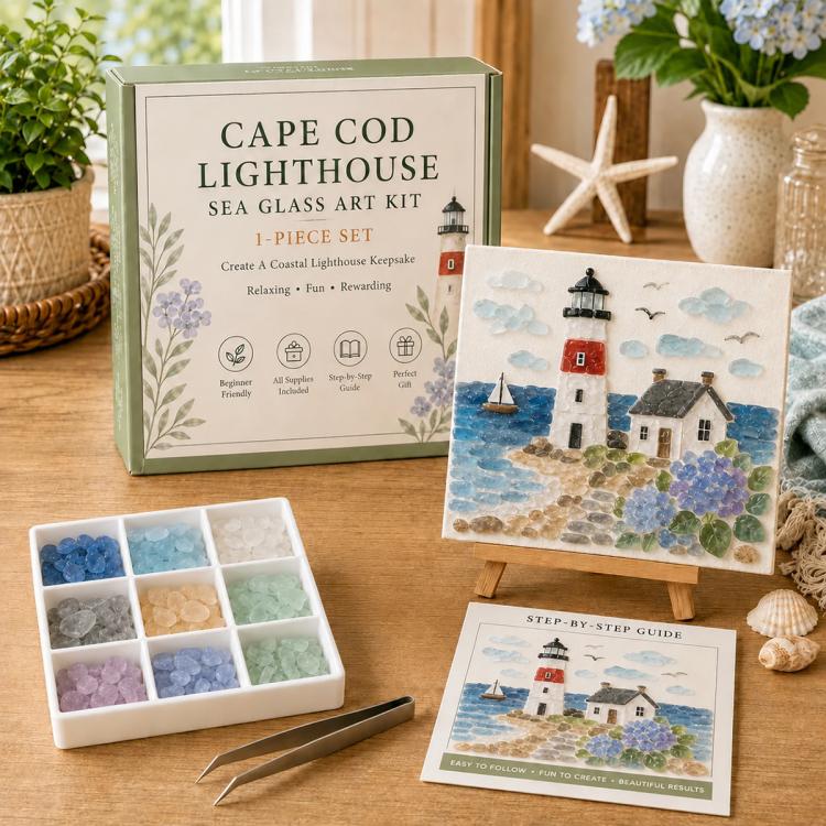 Cape Cod sea glass art kit with glass tray, tweezers, and lighthouse scene guide