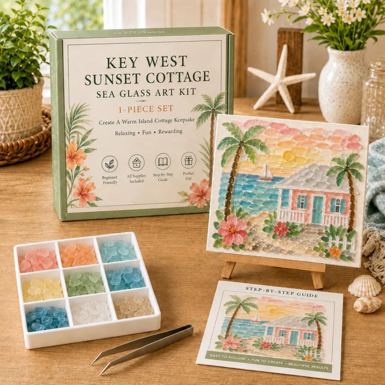 Sea glass art kit with Key West Sunset Cottage scene, tile set and step-by-step guide