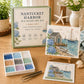 Sea glass art kit with Nantucket Harbor scene, tile set box, and display guide