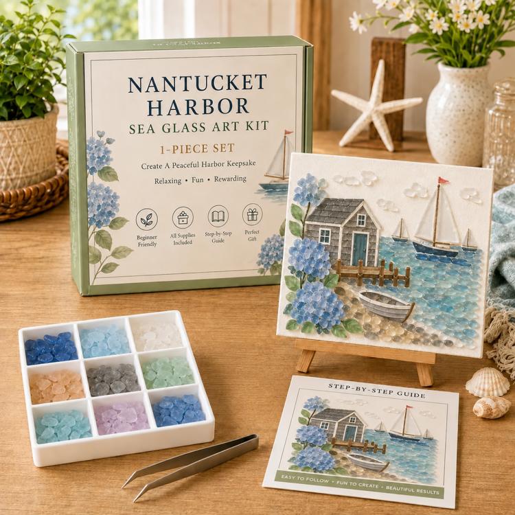 Sea glass art kit with Nantucket Harbor scene, tile set box, and display guide