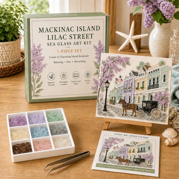 Sea glass art kit with Mackinac Island Lilac Street scene, tile organizer, and guide