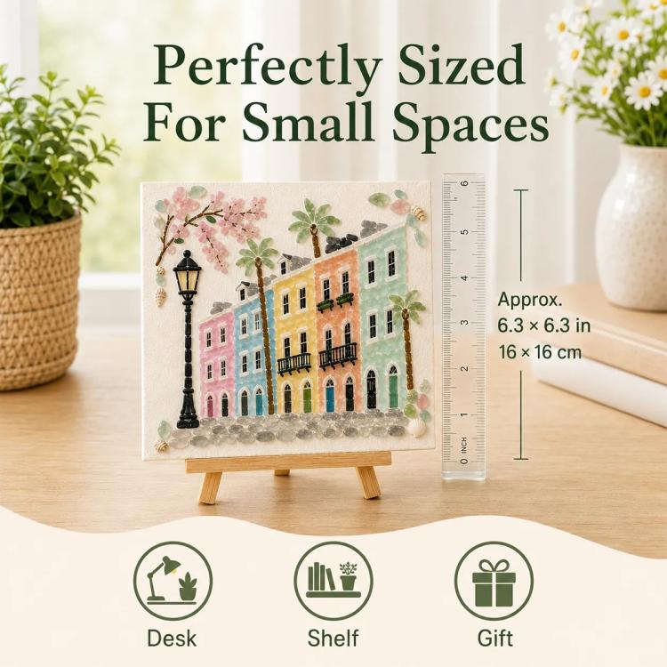 Sea glass art kit card with colorful street scene on mini easel, size ruler shown