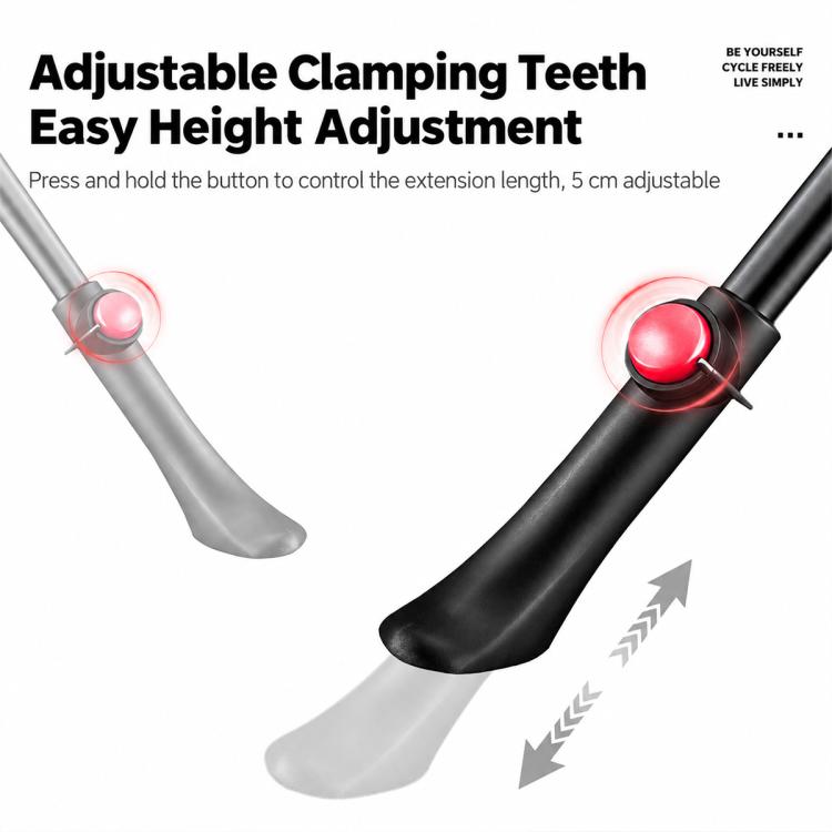Adjustable kickstand clamp with extendable leg and height adjustment, black metal