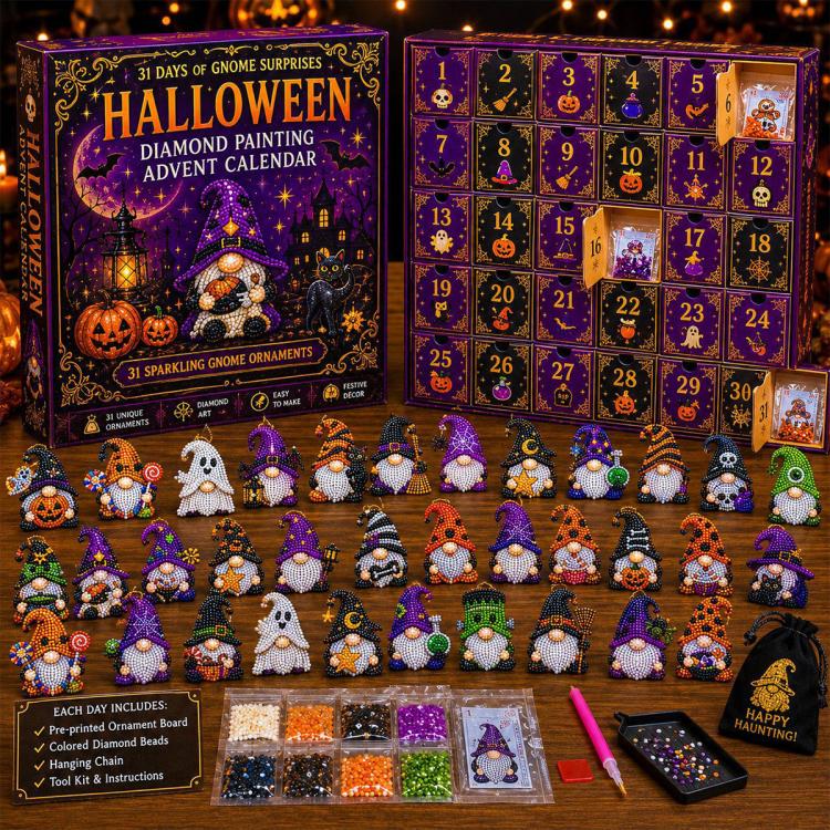 Diamond painting Halloween gnome advent calendar with numbered countdown doors and ornaments
