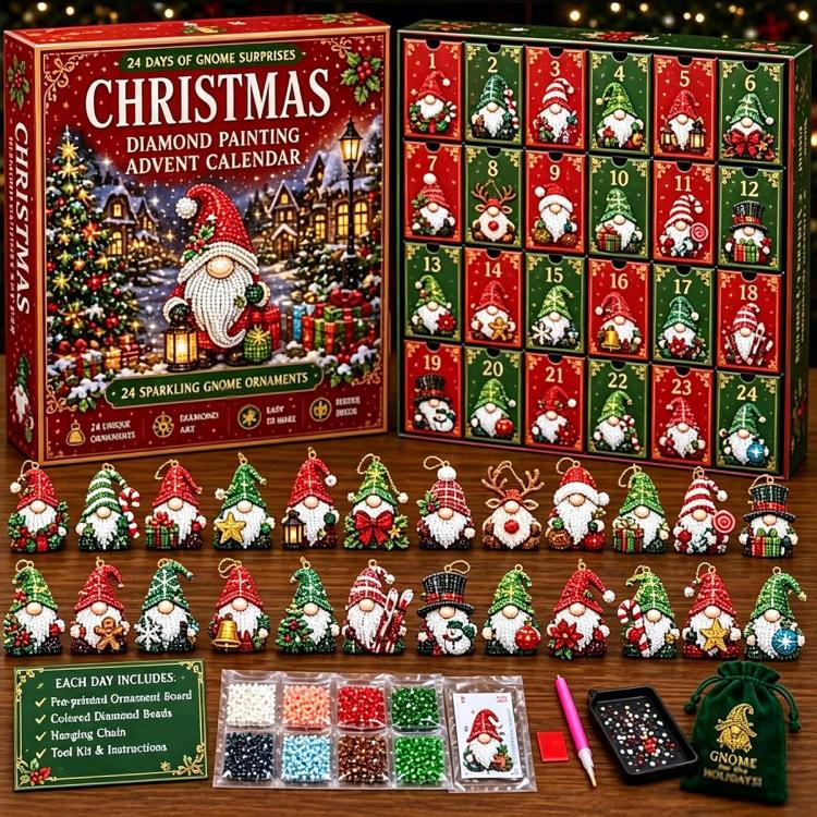 Diamond painting Christmas gnome advent calendar with numbered doors and festive gnome ornaments