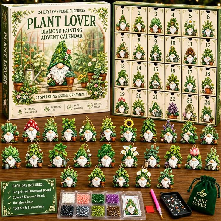 Diamond painting plant lover gnome advent calendar with numbered doors and potted gnome ornaments