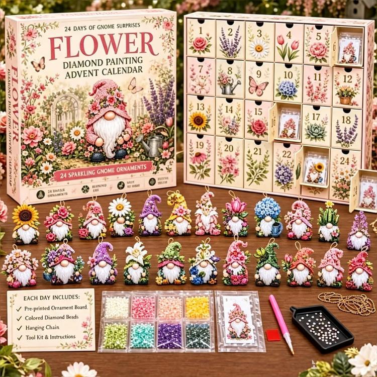 Diamond painting flower gnome advent calendar with numbered doors and blooming gnome ornaments