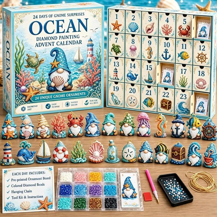Diamond painting ocean gnome advent calendar with numbered doors and sea gnome ornaments