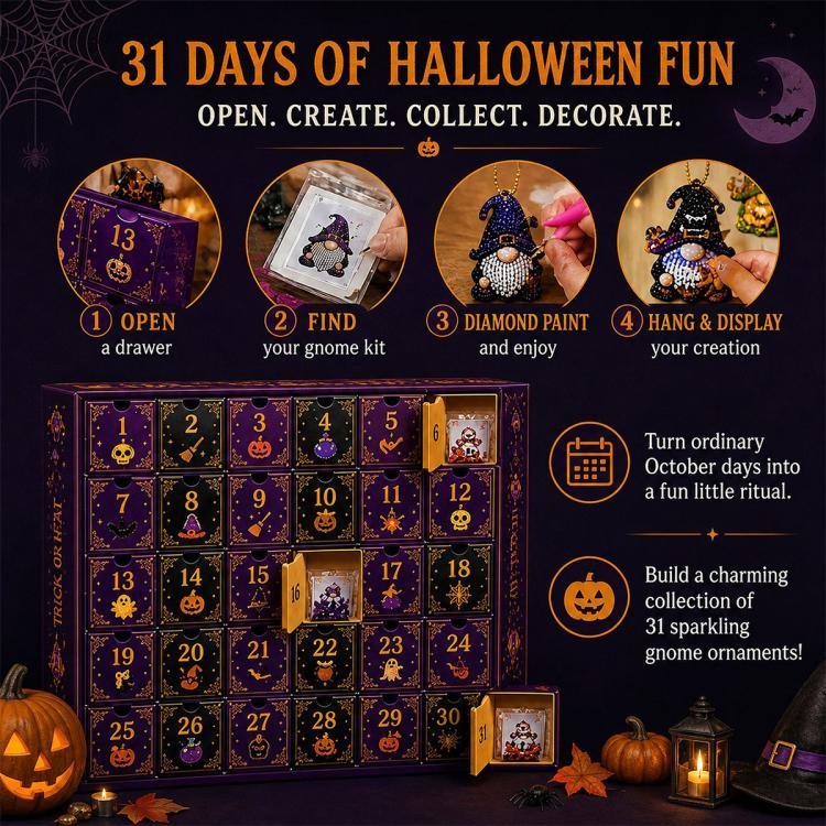 Halloween gnome diamond painting advent calendar instructions with numbered countdown grid
