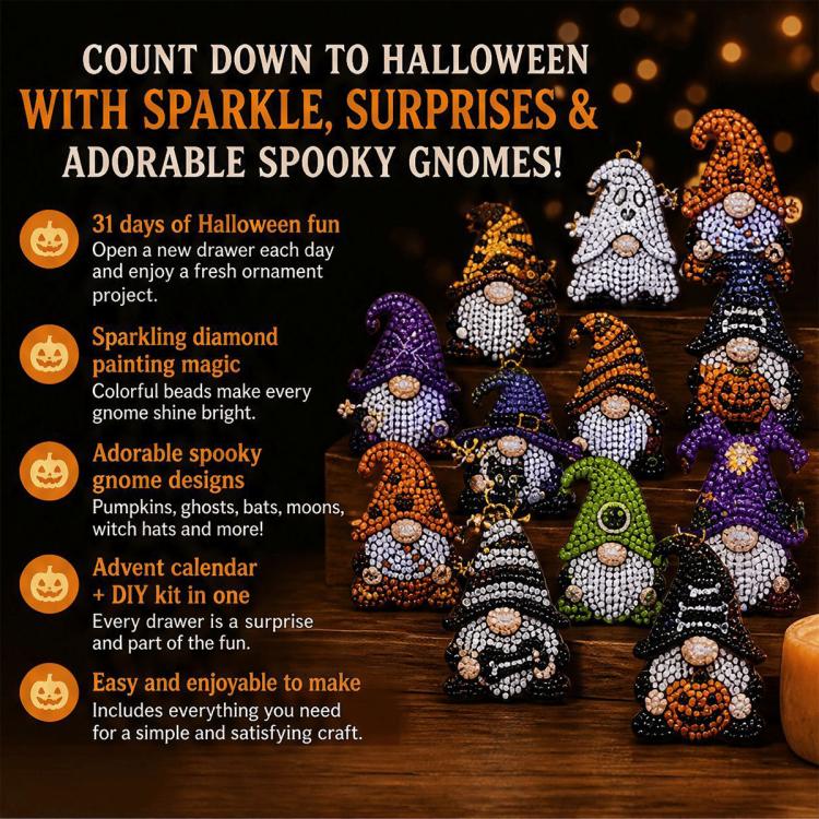 Halloween gnome diamond painting advent calendar featuring stacked spooky gnome figures