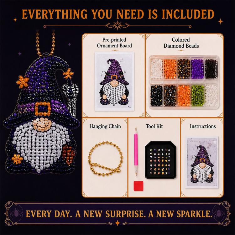 Diamond painting gnome ornament kit with pre-printed board, colored beads, and tools