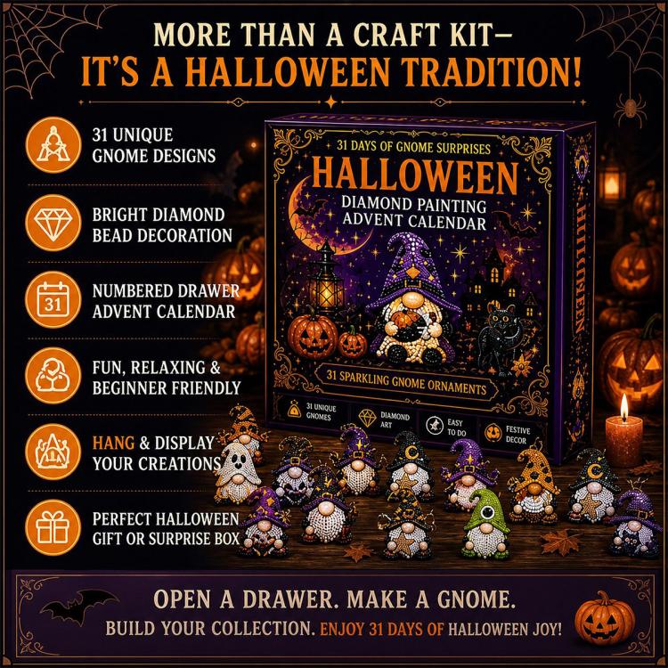 Halloween diamond painting advent calendar box with illustrated gnome surprises and countdown text