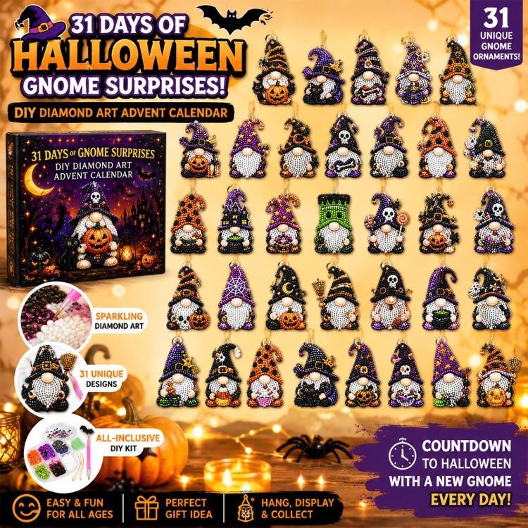 Diamond art advent calendar showing 31 Halloween gnome ornament designs and numbered countdown