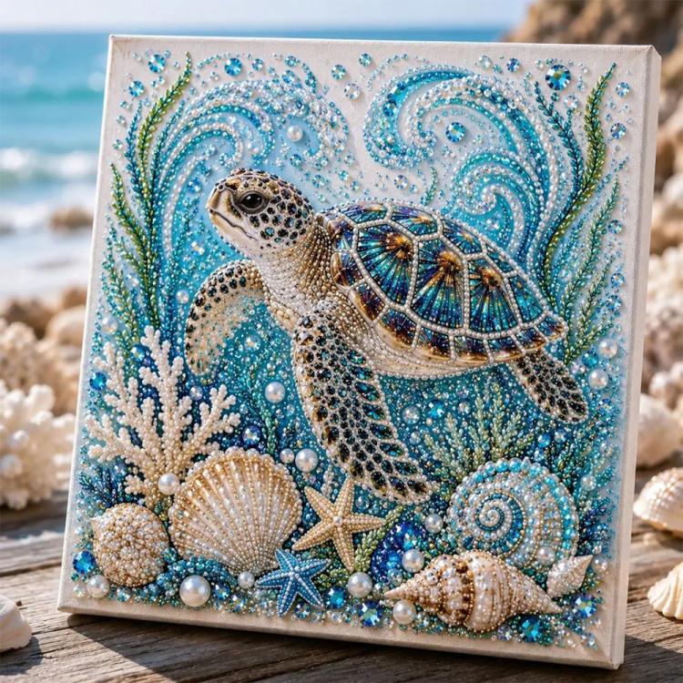 Sea turtle pearl art canvas with blue, green, and rhinestone-like accents on a framed panel