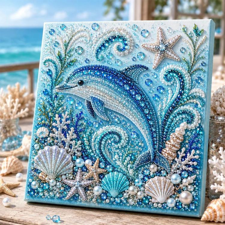 Dolphin pearl art canvas in blue and white with shell and starfish beadwork on a framed panel