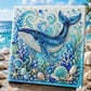 Whale pearl art canvas in blue with swirl bead patterns and ocean-shell decorations on panel