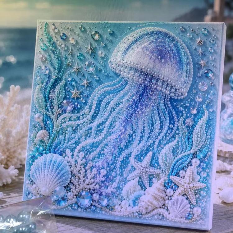 Jellyfish pearl art canvas in lilac-blue with flowing bead tentacles and starfish accents