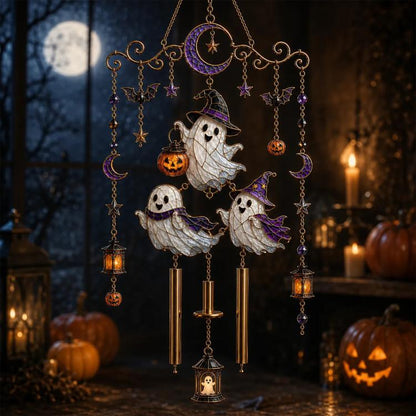 Halloween wind chime with ghost figures, crescent moons, bats, stars, and dangling beads