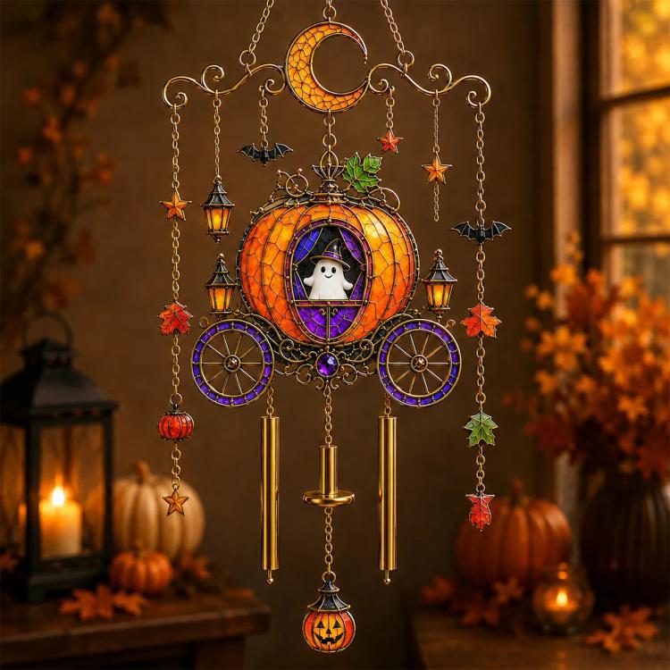 Halloween wind chime with jack-o'-lantern pumpkin centerpiece, crescent moon, stars, and beads