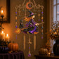 Halloween wind chime with witch on broom, crescent moon, stars, black cat, and hanging beads
