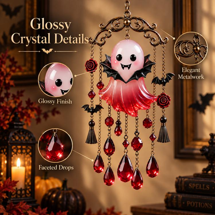 Vampire ghost wind chime with glossy finish, filigree metal frame, red crystal drops