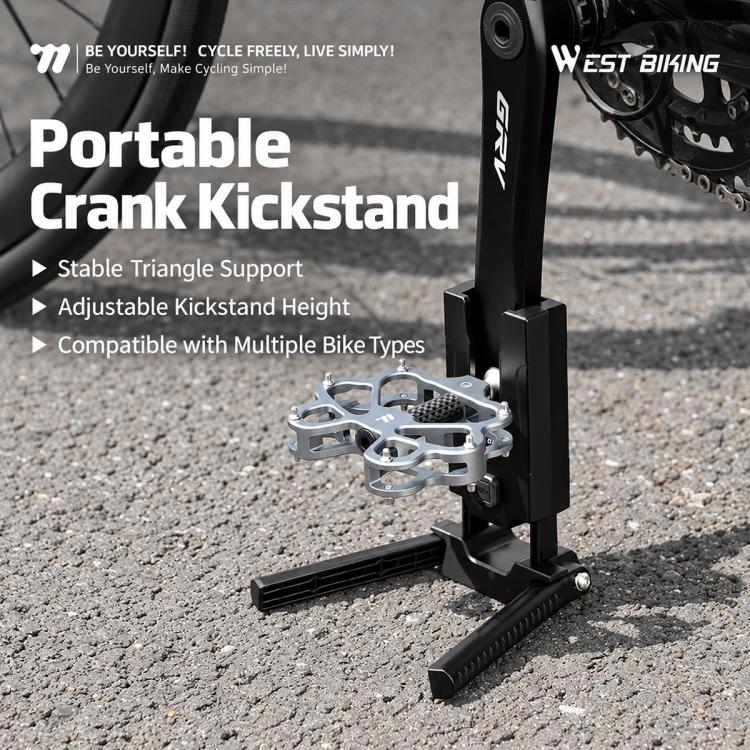 Black portable crank kickstand with silver mounting plate and extended support foot
