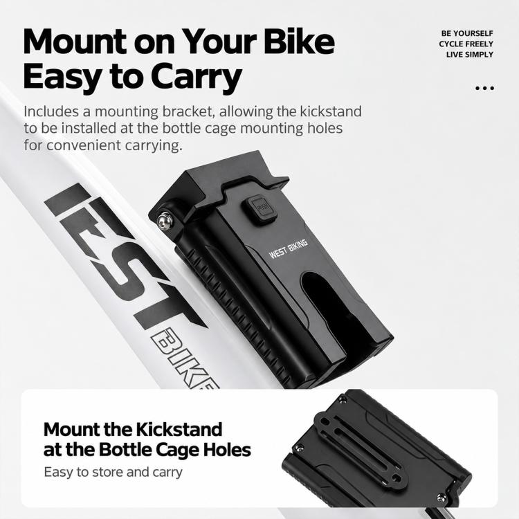 Black crank kickstand mounting bracket attaches to bottle-cage mounting holes