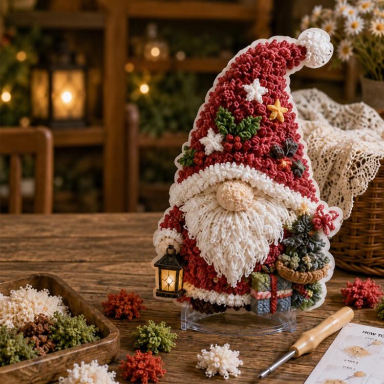 3D fabric poke art gnome with red hat, white beard, and lantern accessory