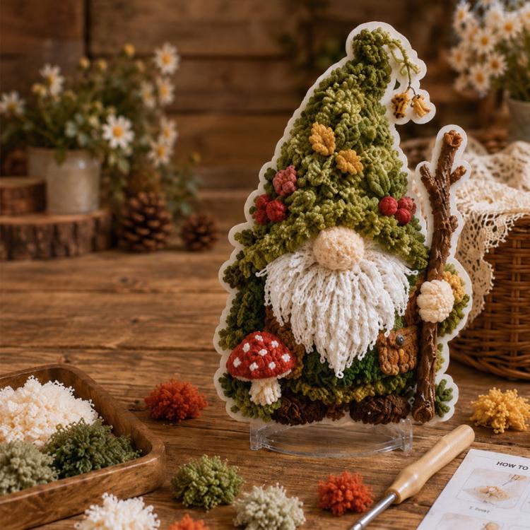 3D fabric poke art gnome with green tree-like hat, white beard, and mushroom accents