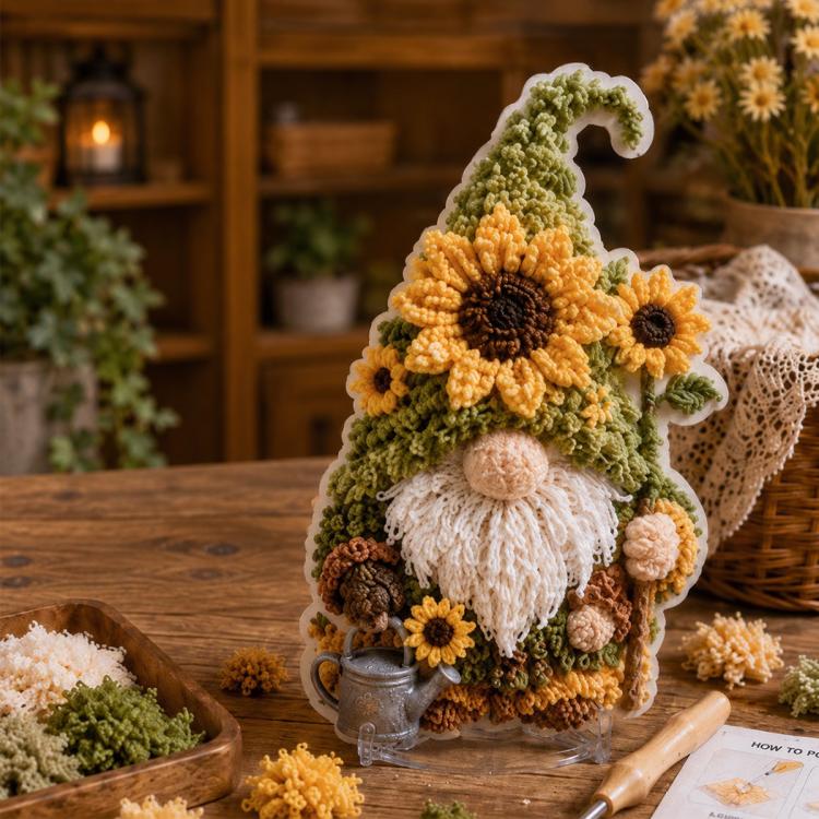 3D fabric poke art gnome with green sunflower-style hat and white beard
