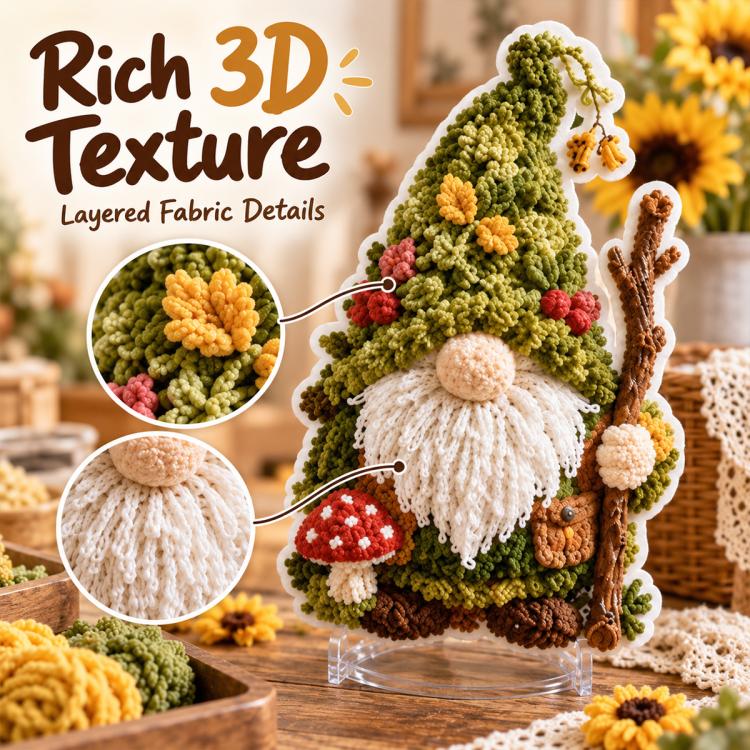 3D fabric poke gnome craft with green foliage, white beard, and red heart