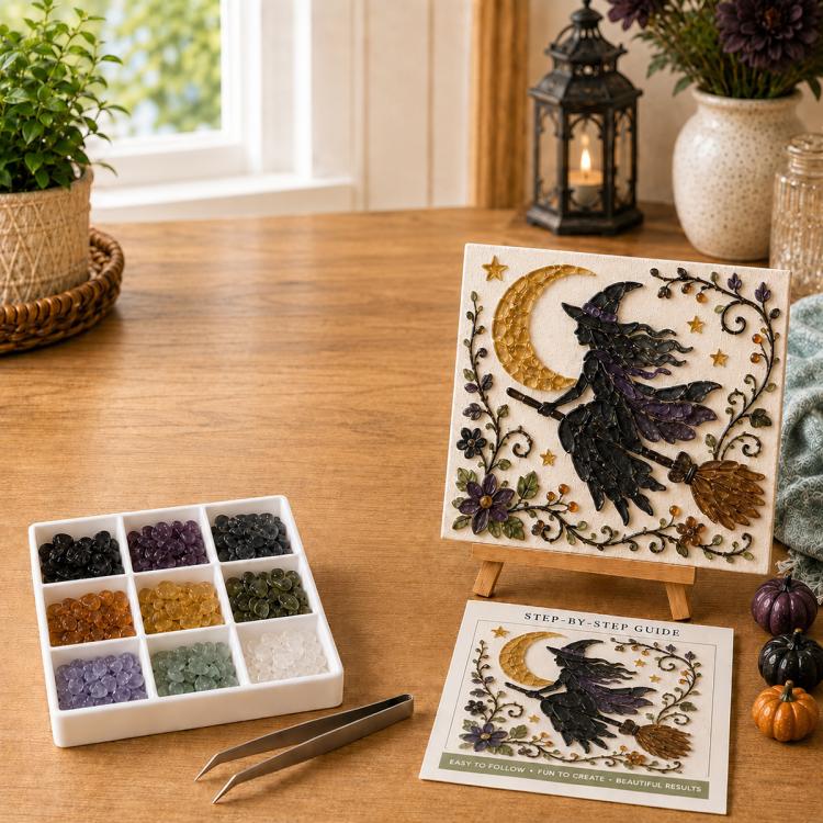 Halloween sea glass DIY art kit with witch bat design on easel and tool set