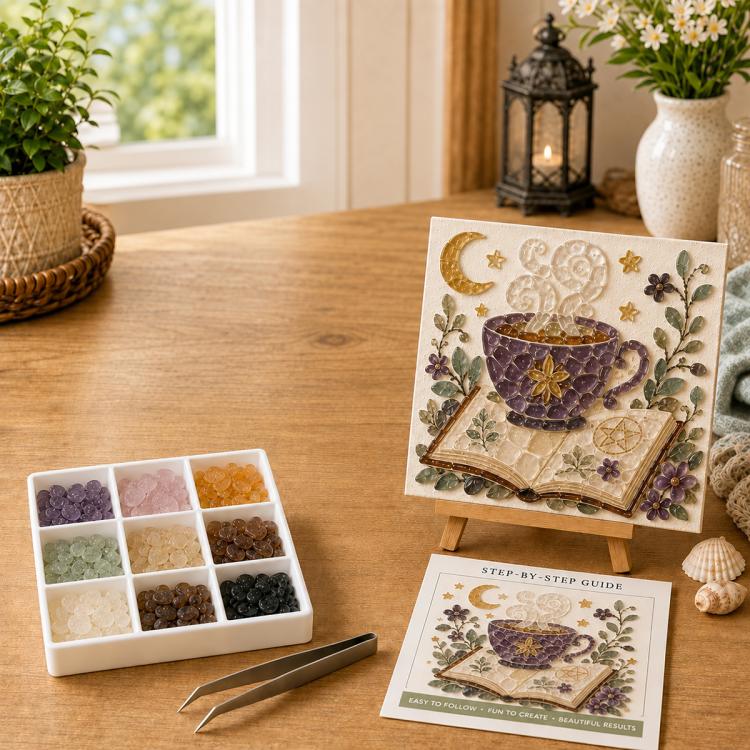 Halloween sea glass DIY art kit with witch teacup potion design on easel